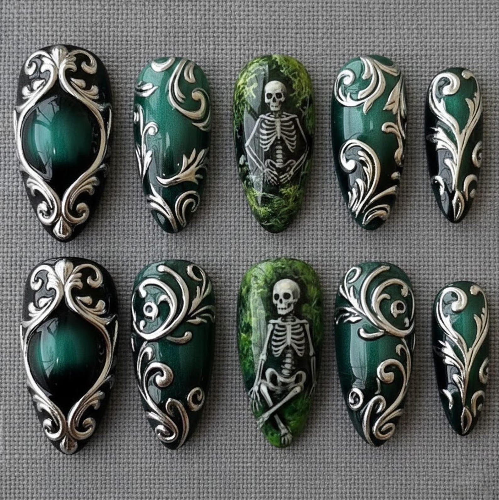 Gothic Green Skeleton Dark Fantasy Press On Nails