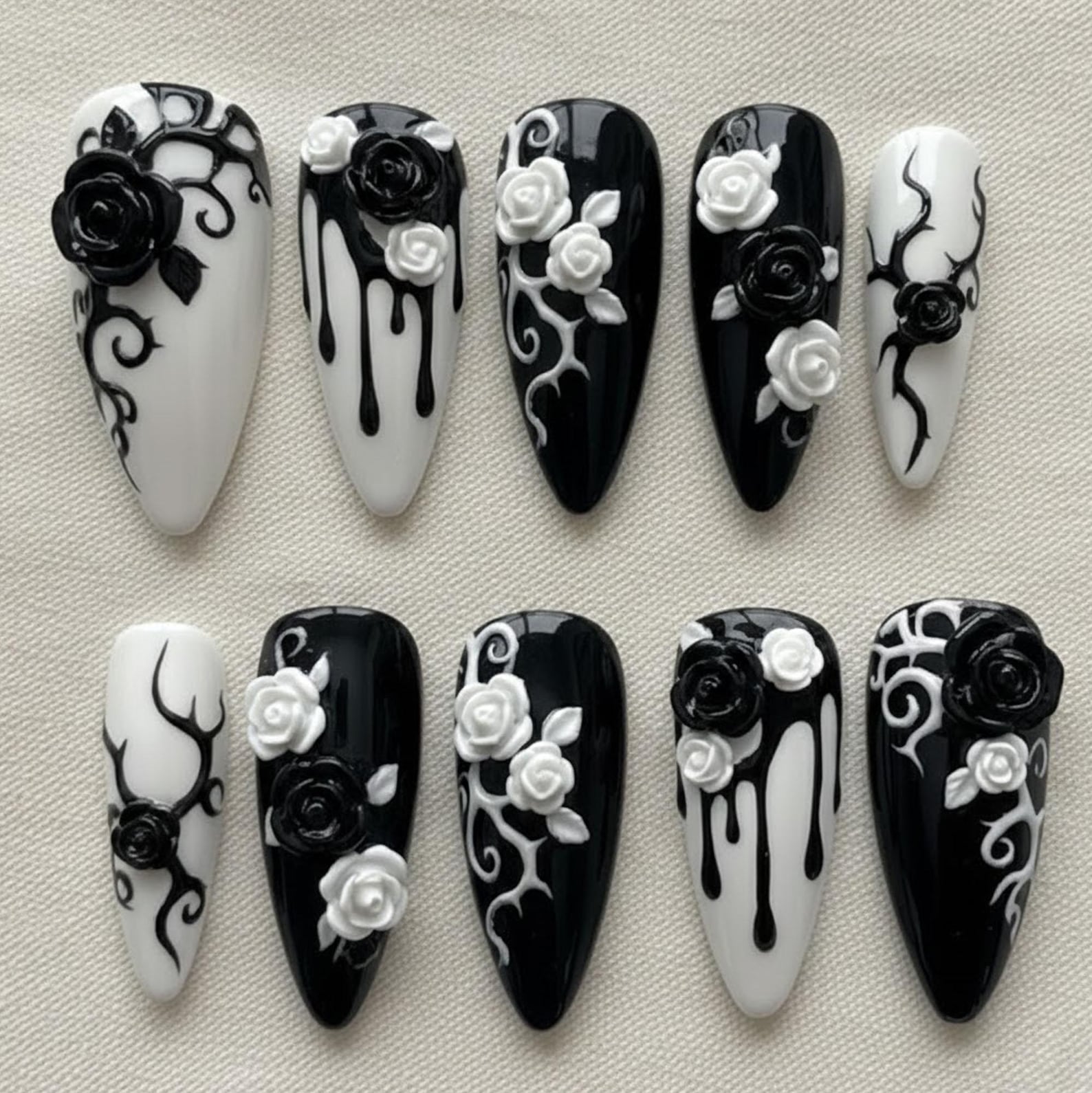 Black White Gothic 3D Rose Romantic Press On Nails