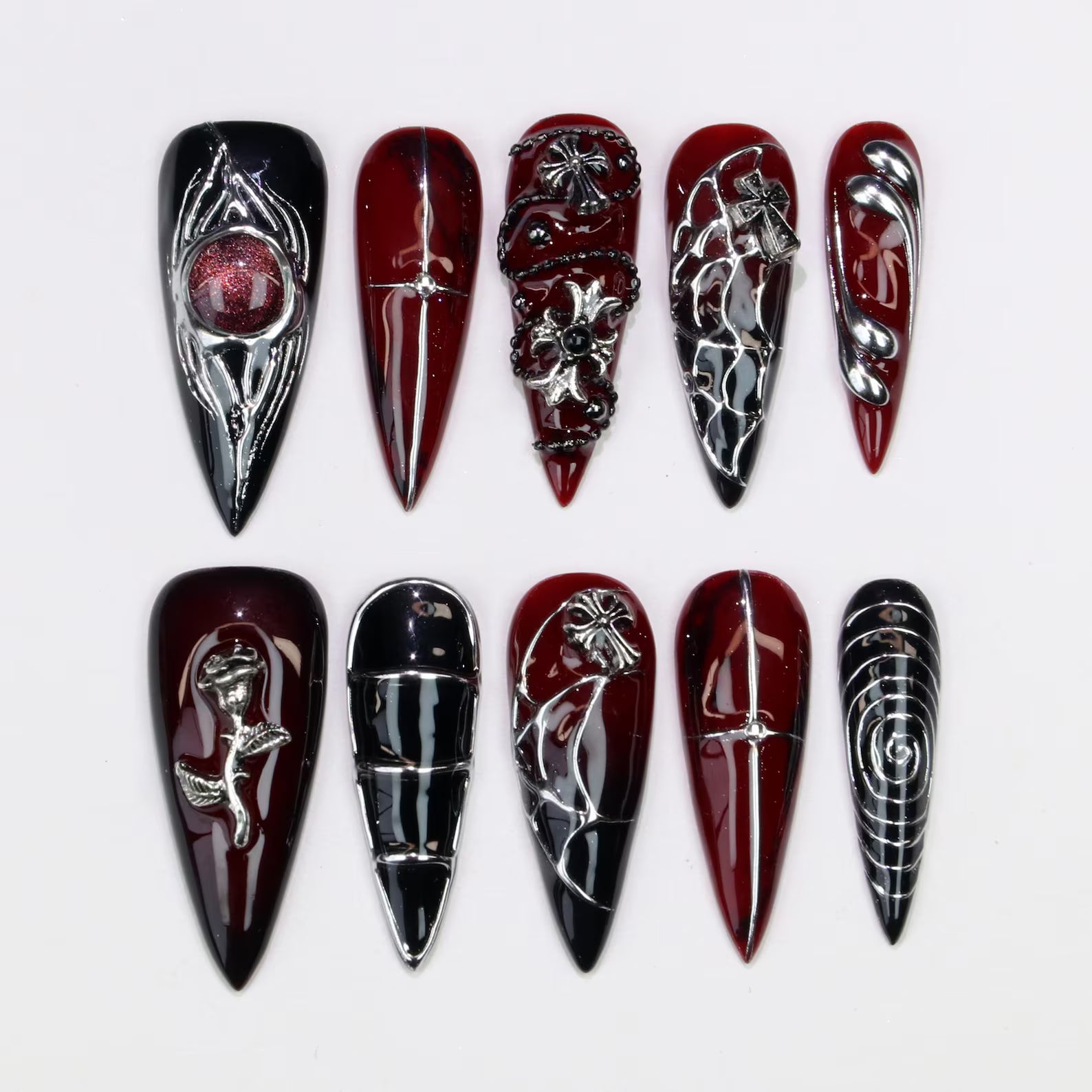 Blood Red Thorn Metallic Gem Gothic Stiletto Press On Nails