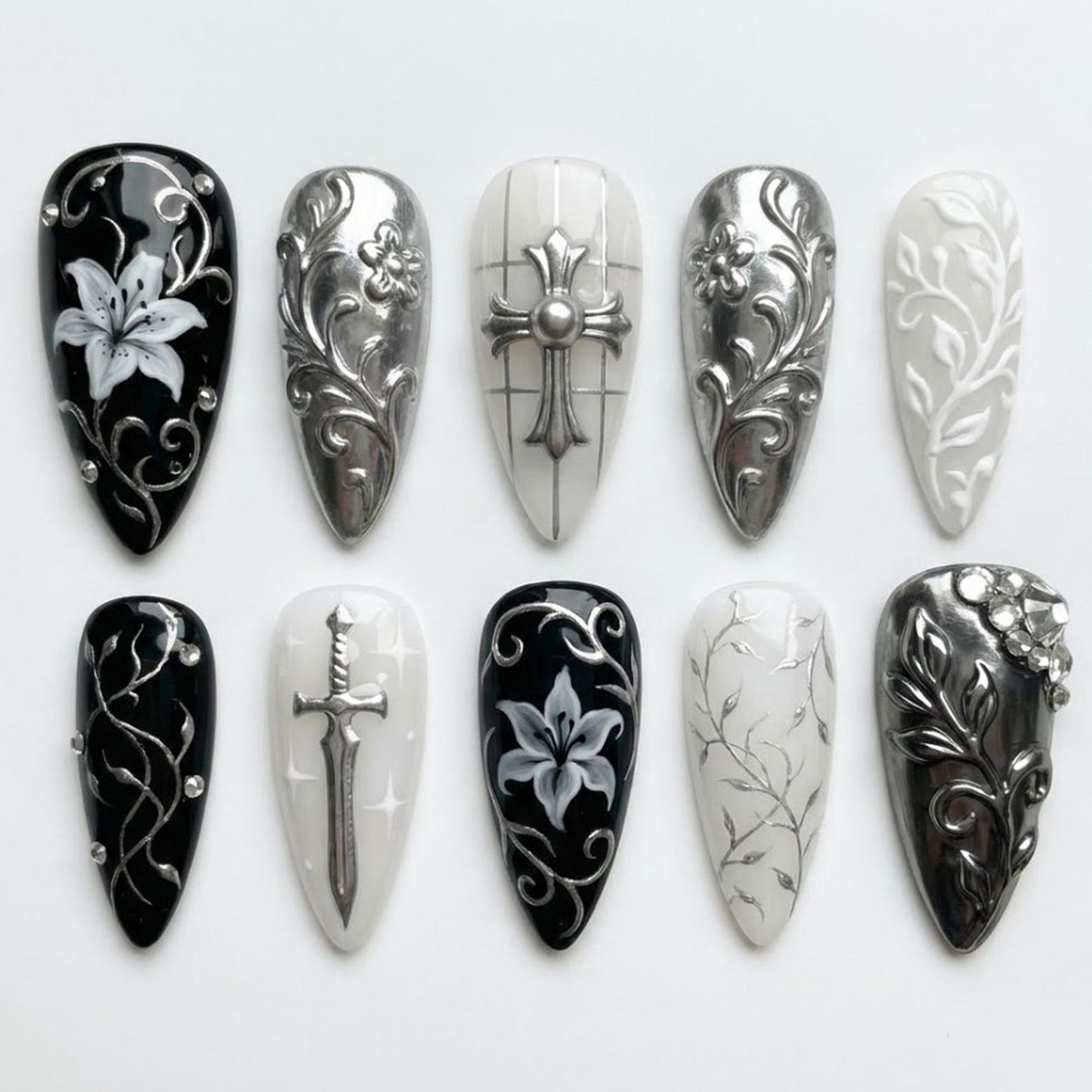 Gothic Medieval Chrome Silver Sword Cross Edgy Press On Nails