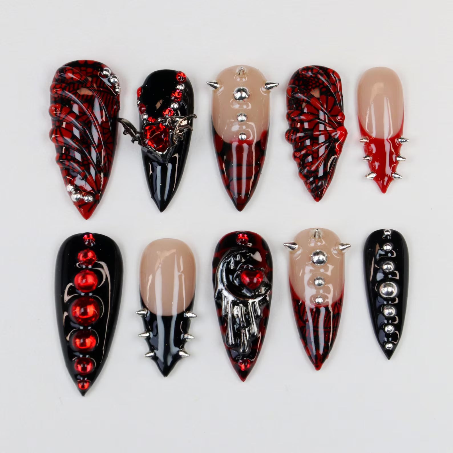 Dark Red Drip Heart Spiked Gothic Stiletto Press On Nails