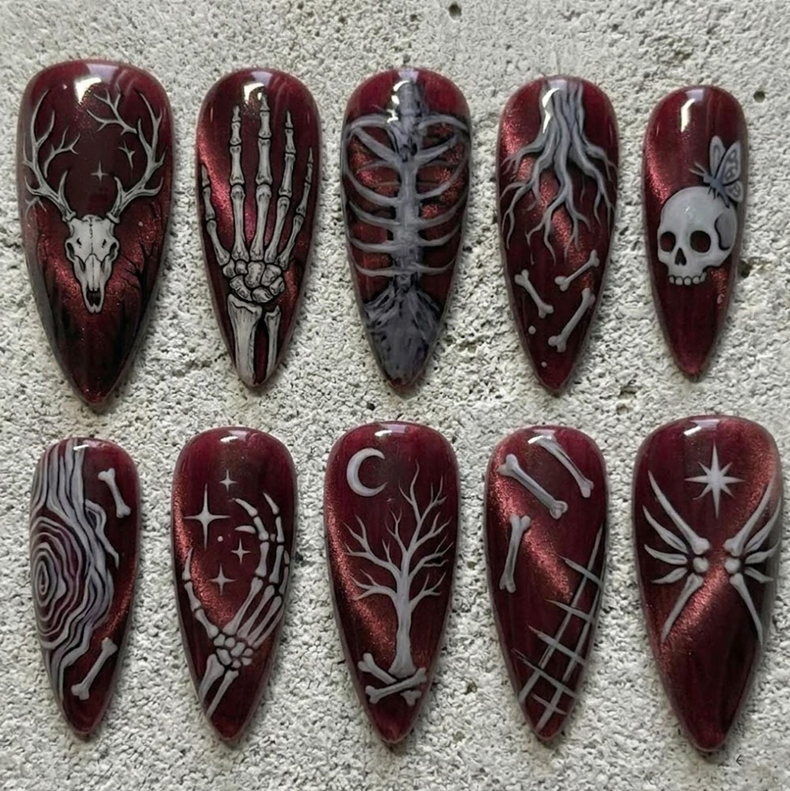 Gothic Skeleton Burgundy Chrome Dark Witchy Press On Nails