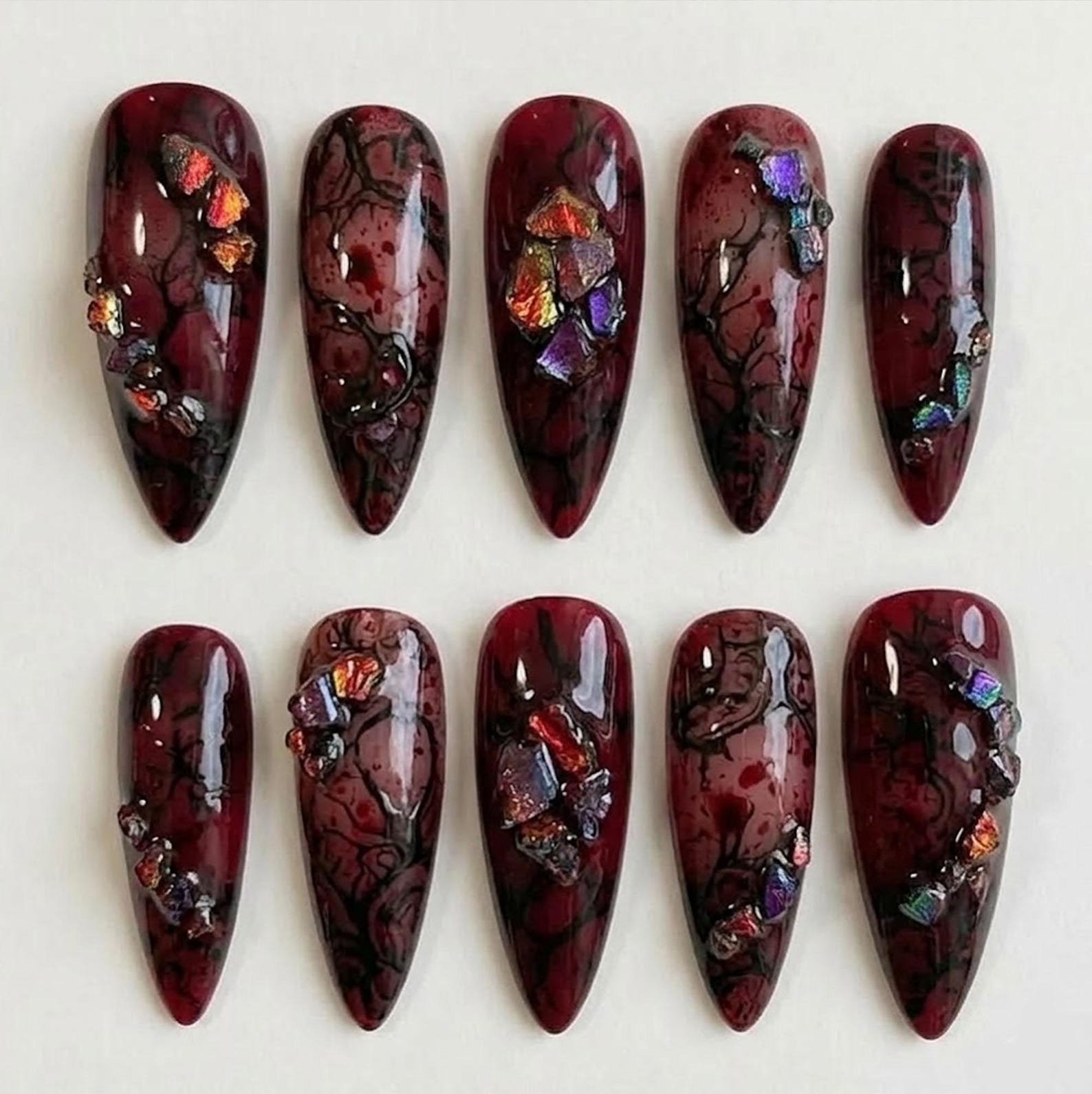 Gothic Marble Blood Vein Crystal Cluster Deep Red Grunge Press On Nails
