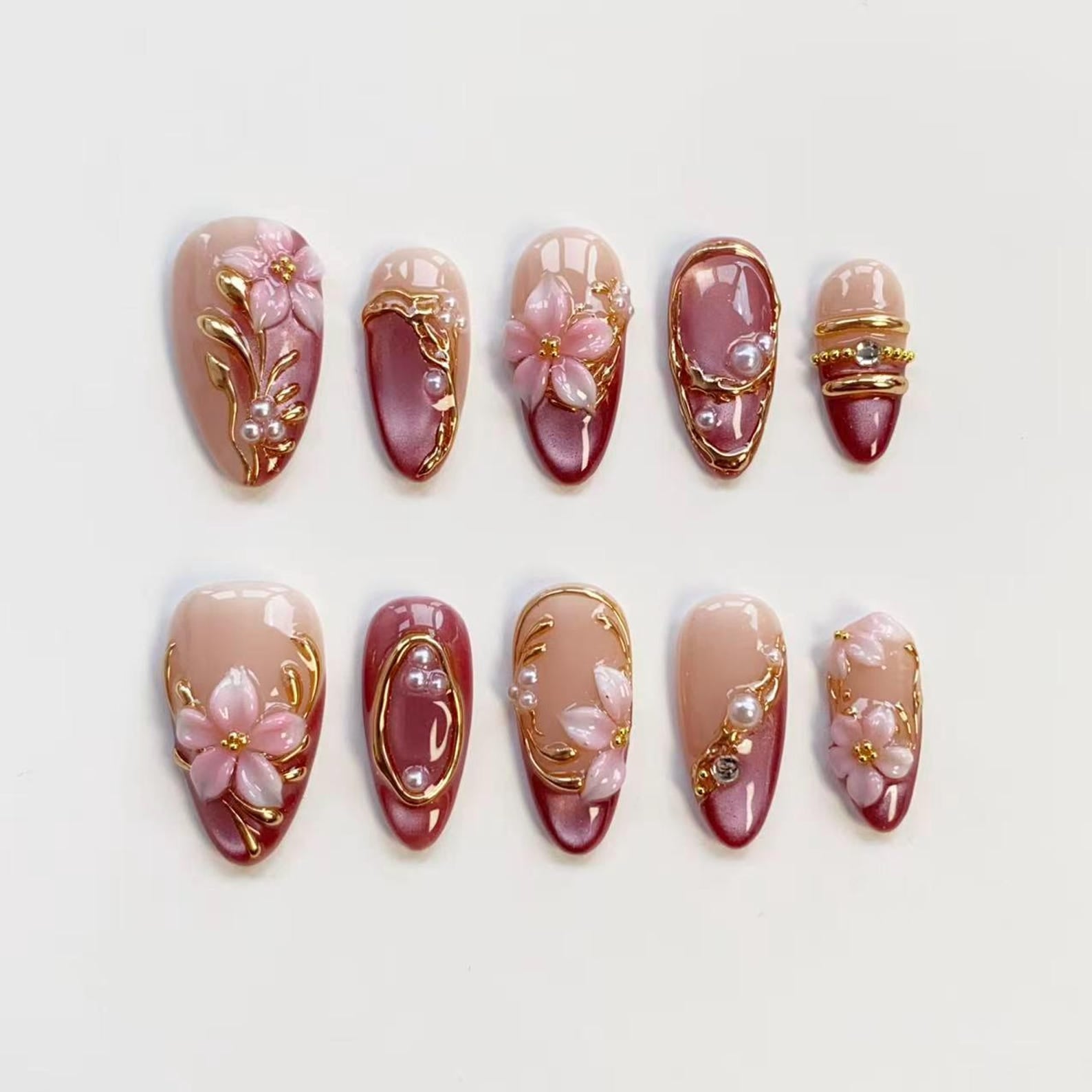 Elegant Pink Blooming 3D Flower Chrome Almond Press On Nails