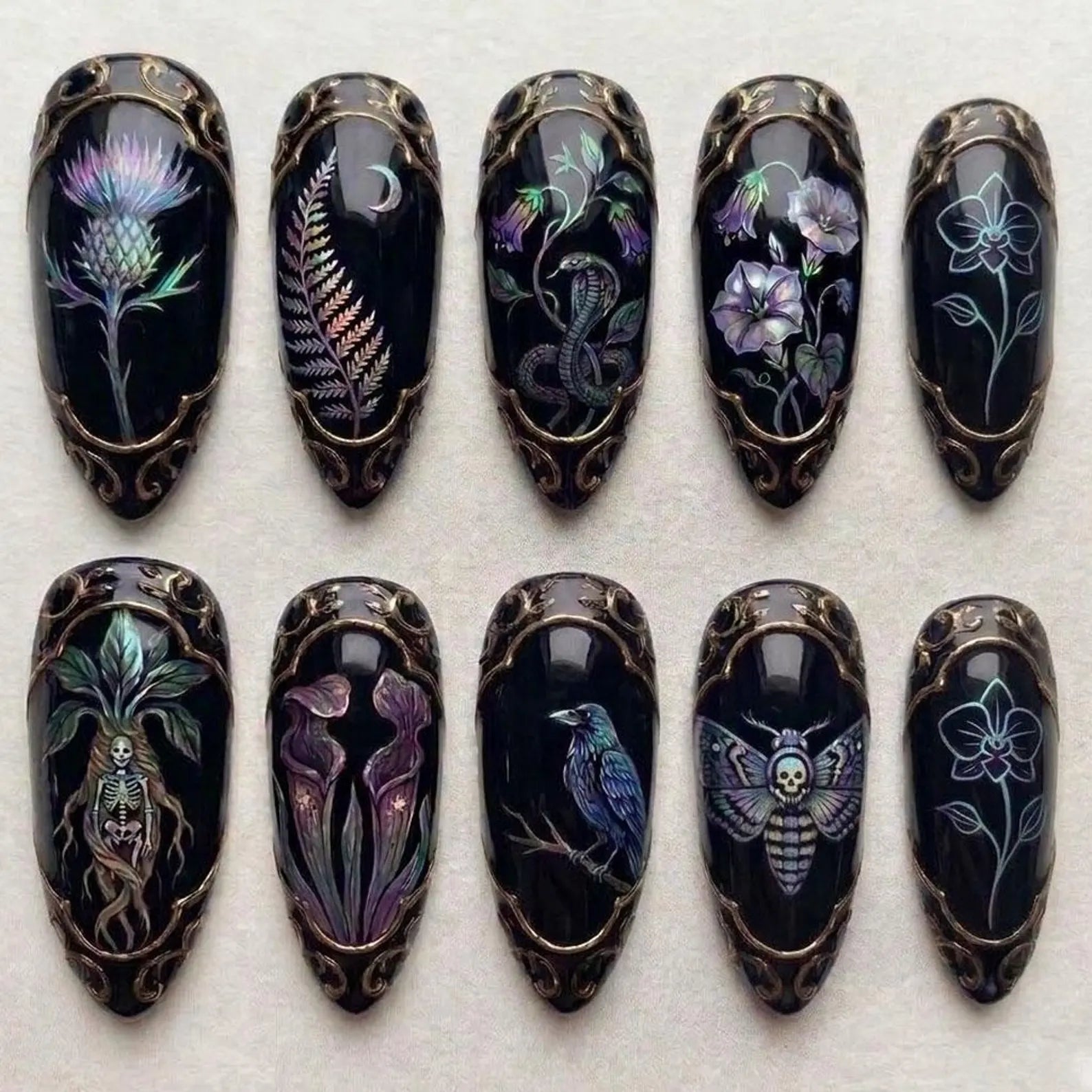 Gothic Witchy Botanical Snake Crow Moth Dark Press On Nails