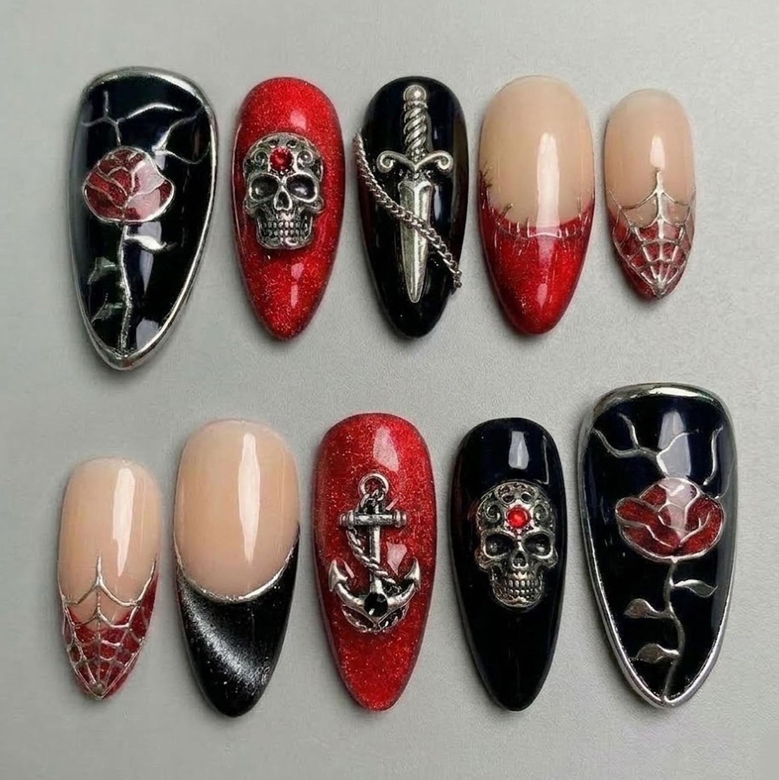 Gothic Skull Dagger Rose Spider Web Dark Red Black Almond Press On Nail