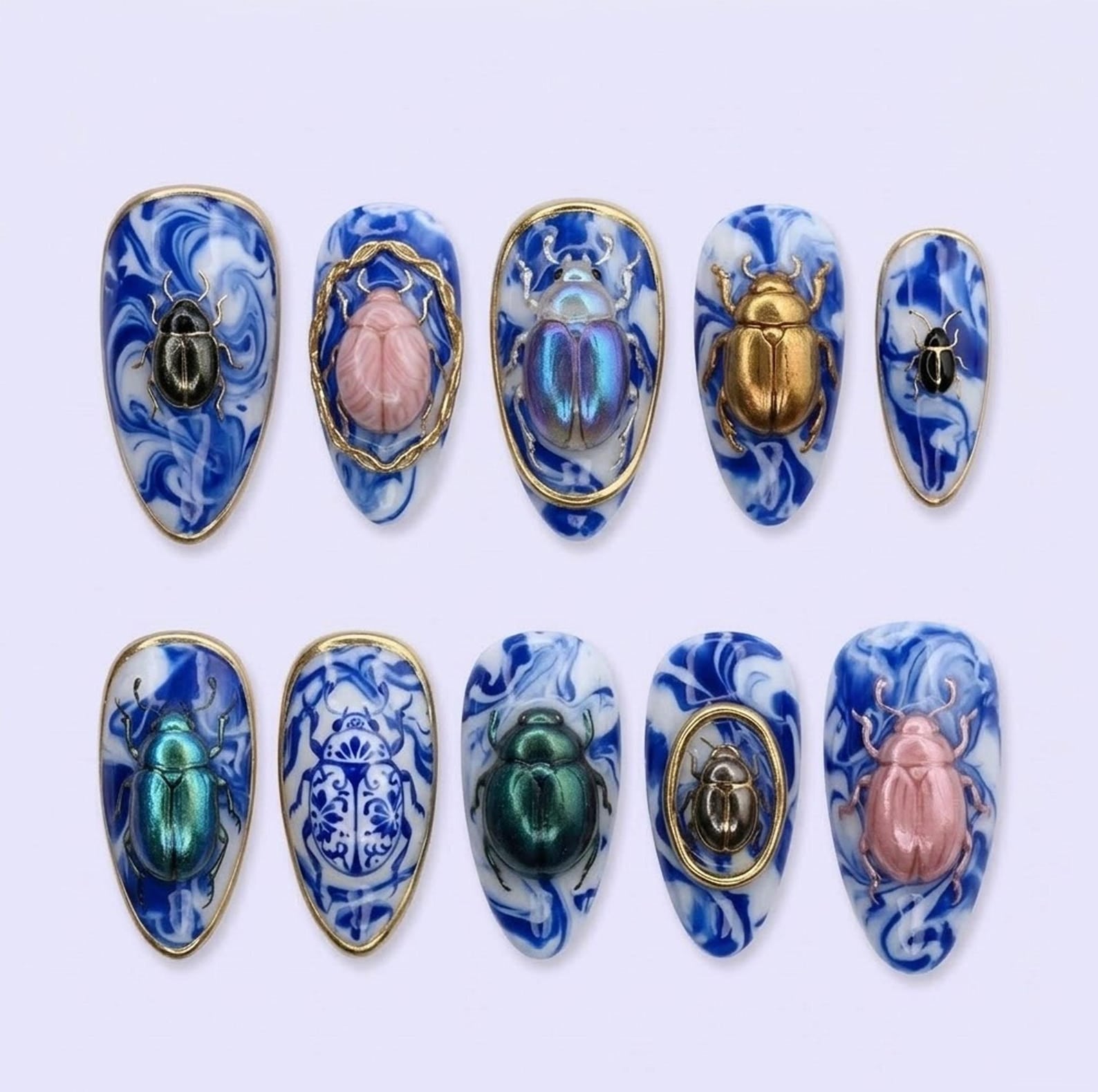 Blue Porcelain Iridescent Beetle 3D Art Press On Nails