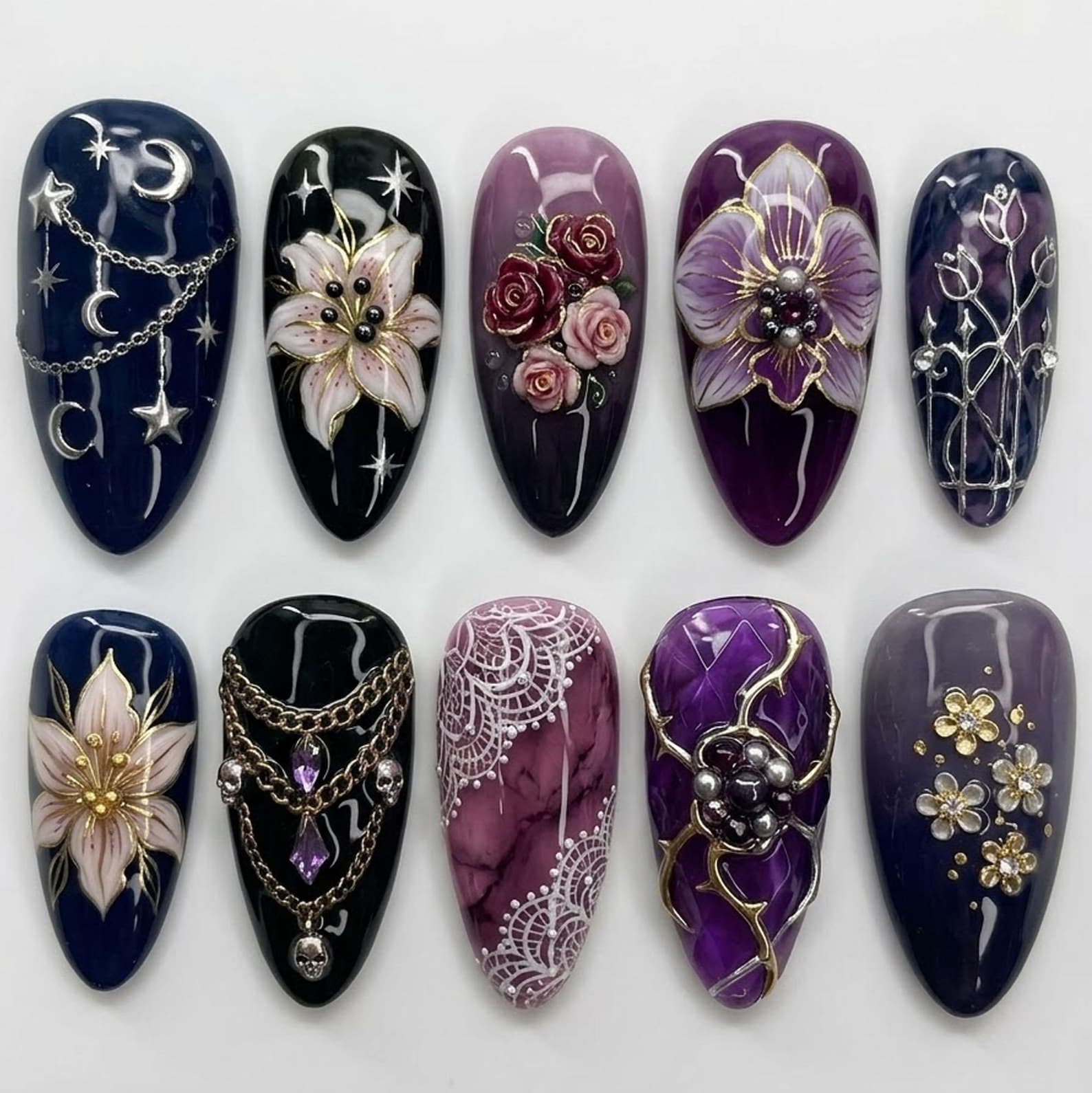 Celestial Floral Moon Star Rose Purple Navy Press On Nails