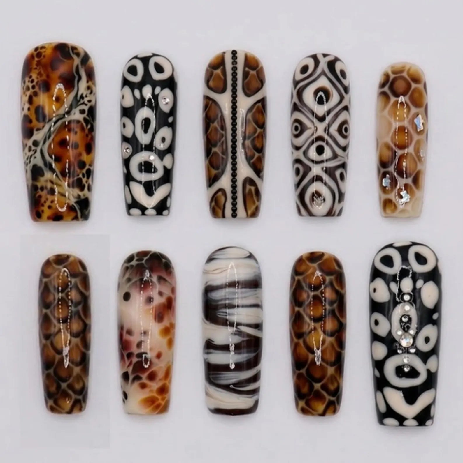 Amber Marble Rhinestone Abstract Luxury Brown Coffin Press On Nails