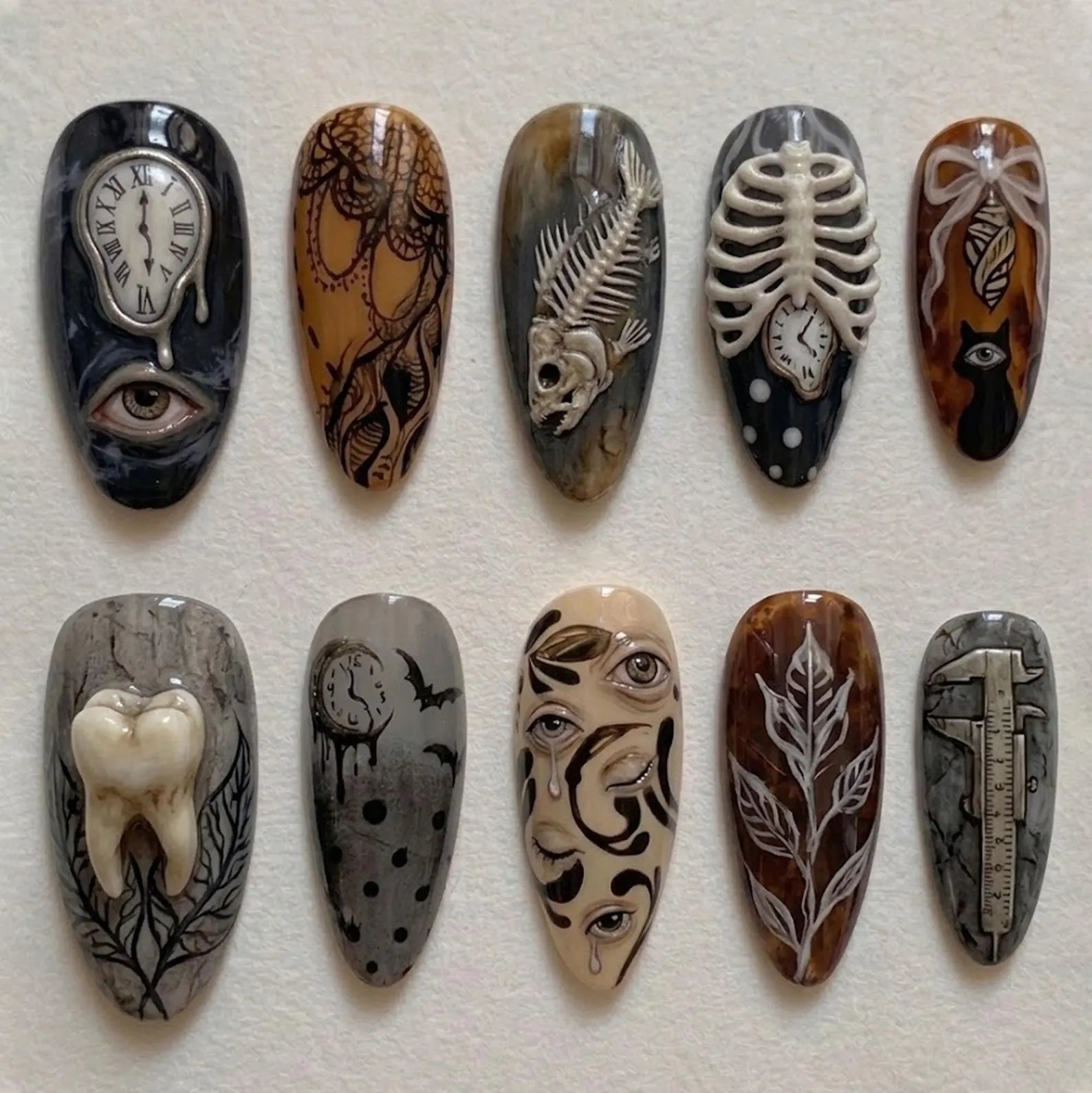 Dark Surreal Skull Clock Abstract Artistic Almond Press On Nails