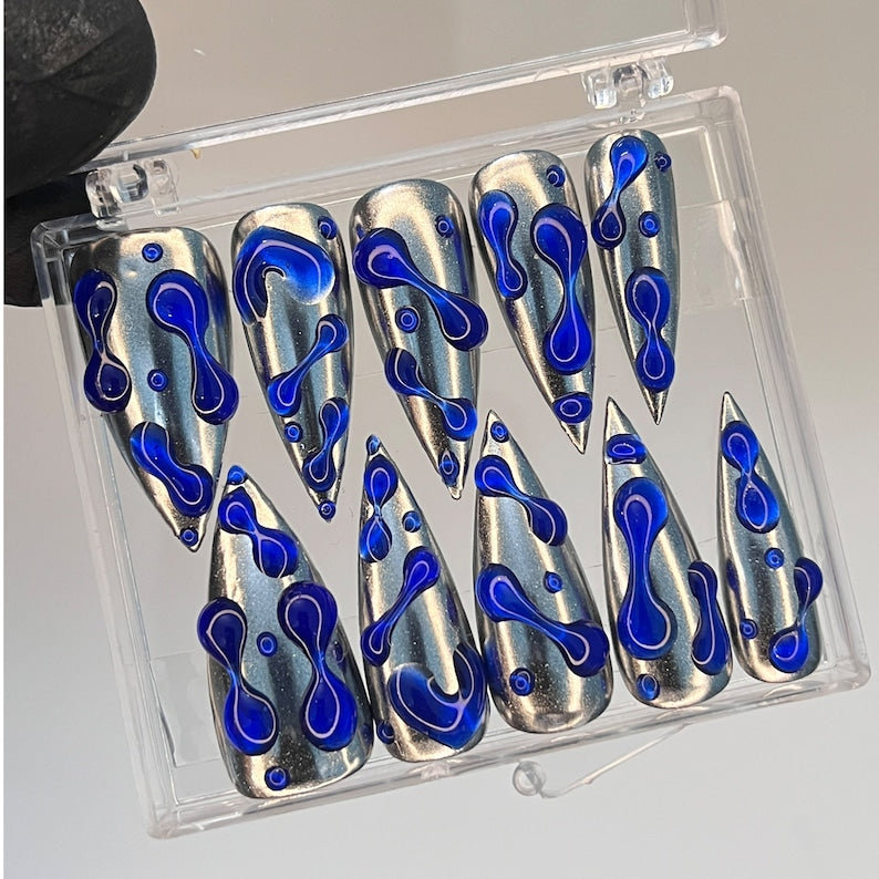Blue Liquid Chrome Stiletto Press On Nails