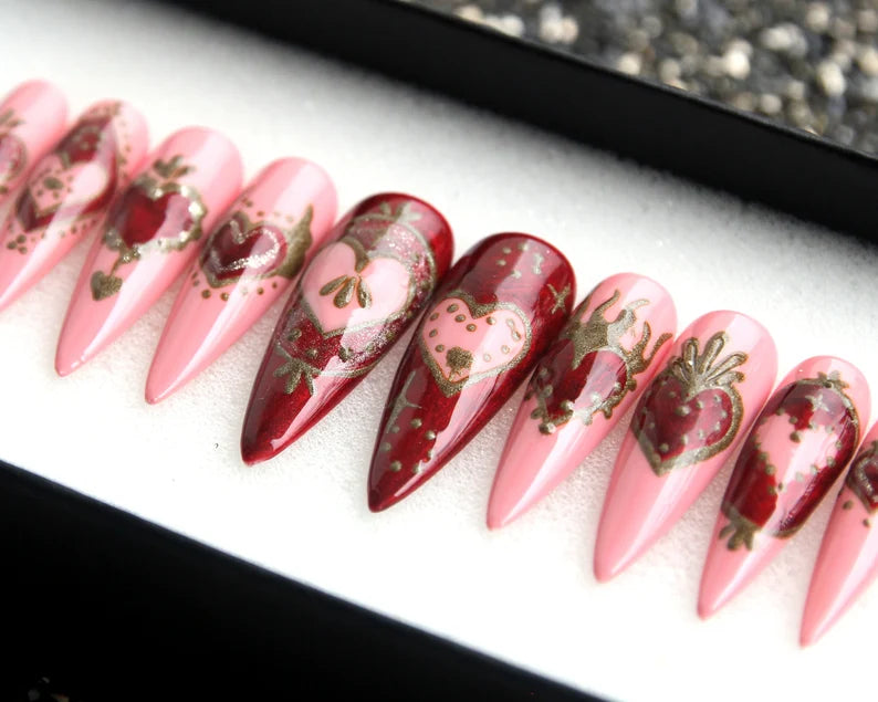 Pink & Deep Red Heart Nails, Vintage Gold Sacred Heart Press-On Set, Limited Edition