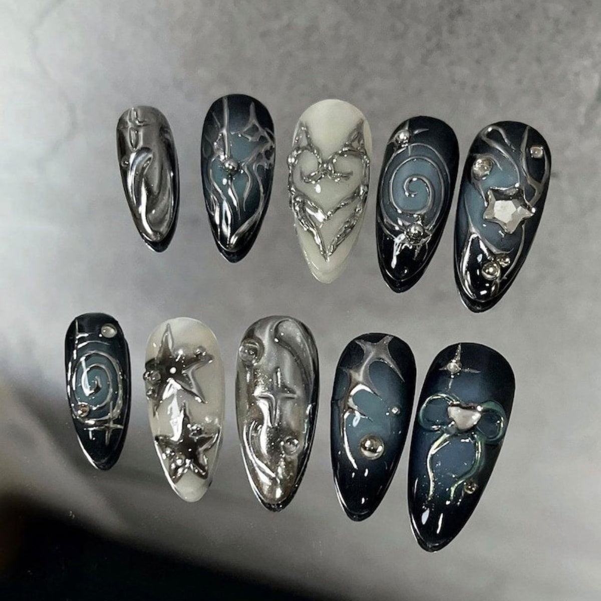 Y2K Black Chrome Press On Nails With Futuristic Shine