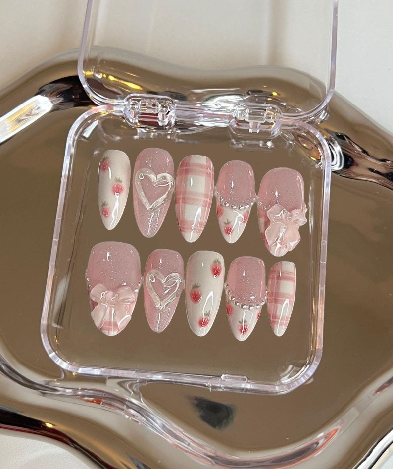 Cute Strawberry Bowknot Kawaii Pink Press On Nails