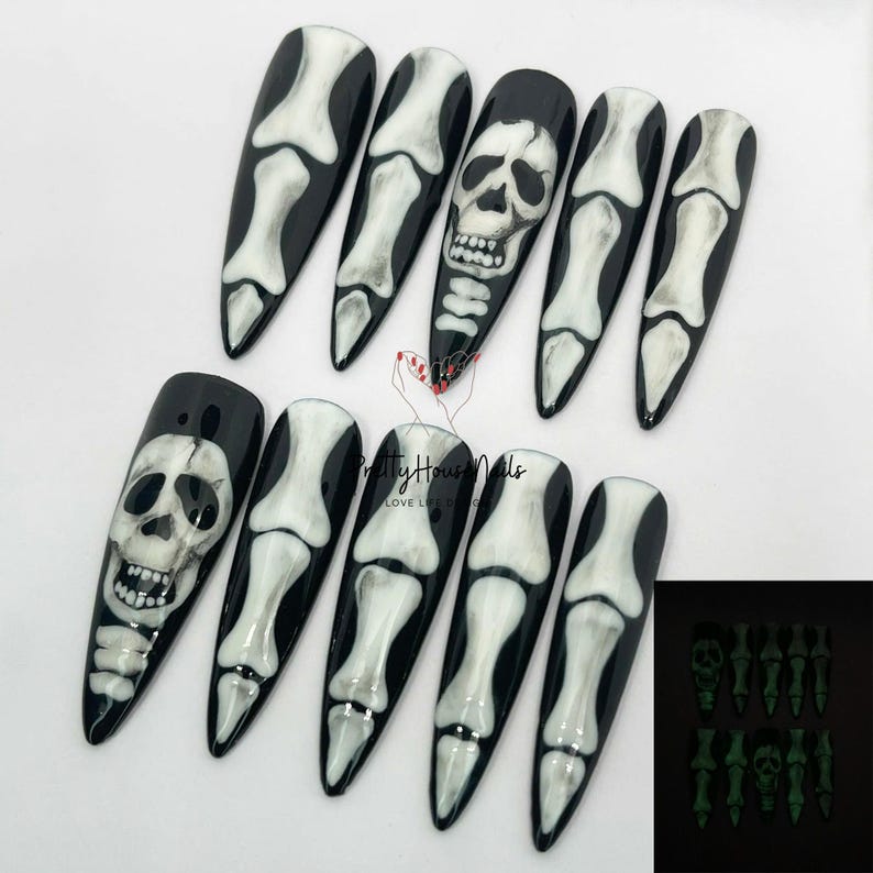 Glow In The Dark Spooky Skull Stiletto Press On Nails