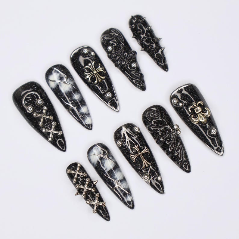 Black Gothic Long Almond Horror Glam Halloween Press On Nails