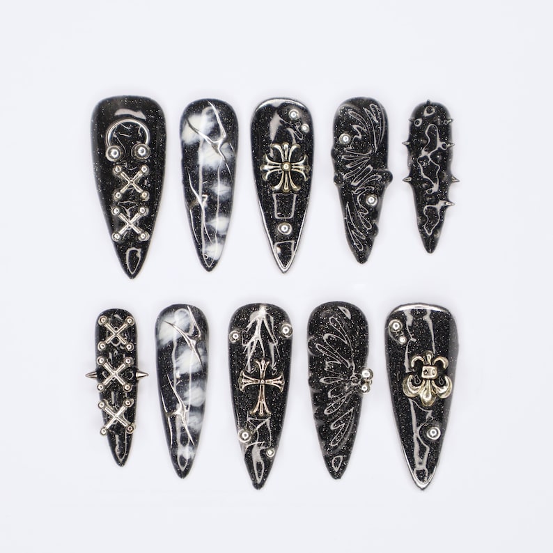 Black Gothic Long Almond Horror Glam Halloween Press On Nails