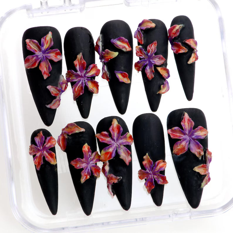 Black Matte 3D Floral Luxe Minimalist Press On Nails
