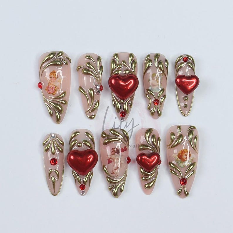 Nude Gold Swirl Red Heart Angel Elegant Almond Press On Nails