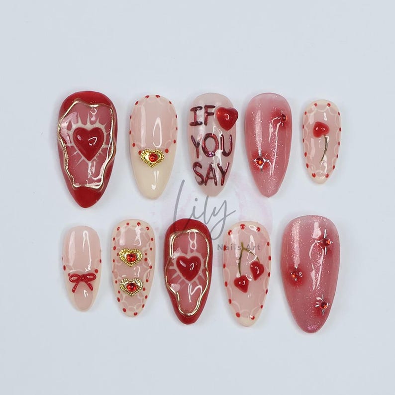 Red Nude Heart Gold Accent Romantic Almond Press On Nails