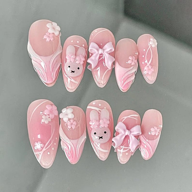 Cute Pink Bunny 3D Flowers Bow Press On Nails