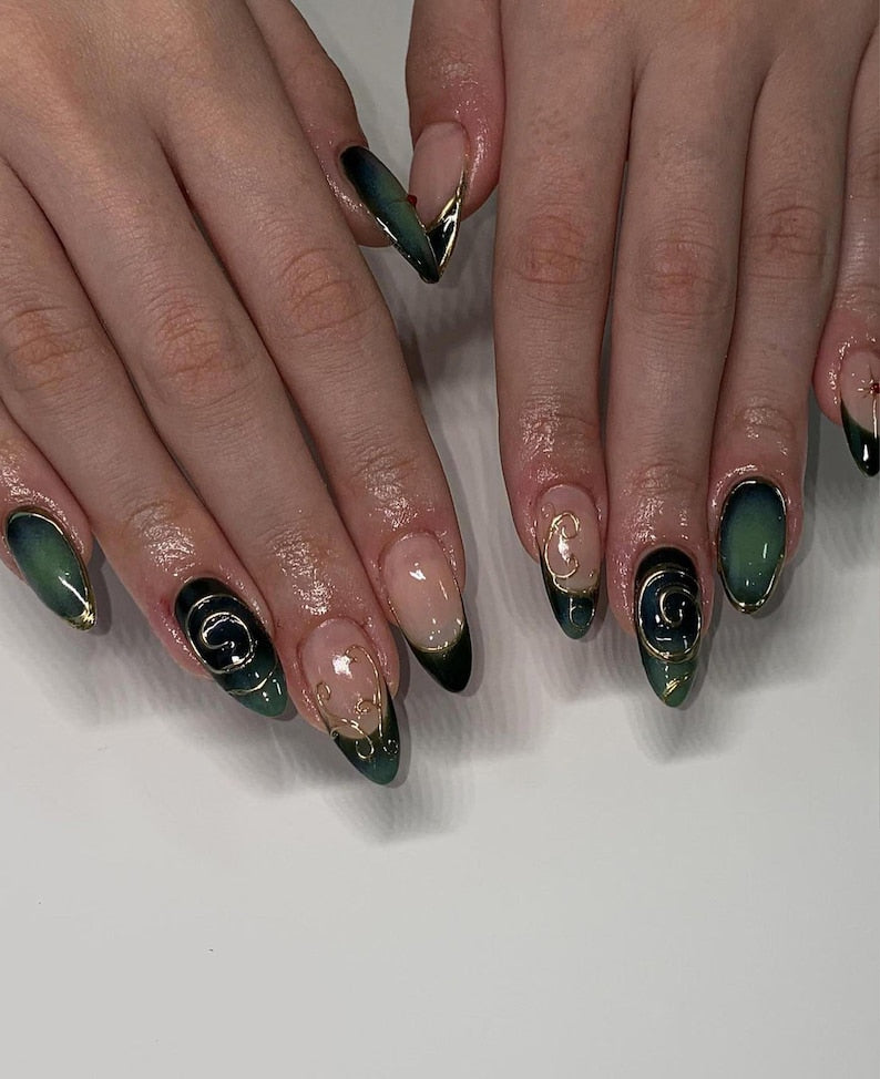Luxury Green Ombre Gold Foil Elegant Press On Nails