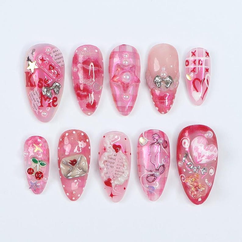 Pink Pearl Bow Charm Cute Romantic Press On Nails