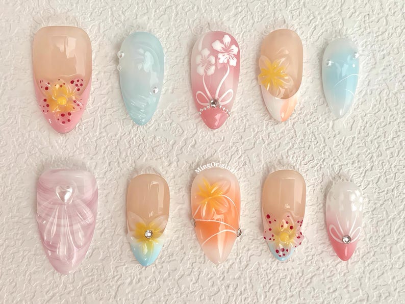 Colorful Aloha Bloom 3D French Tip Press On Nails