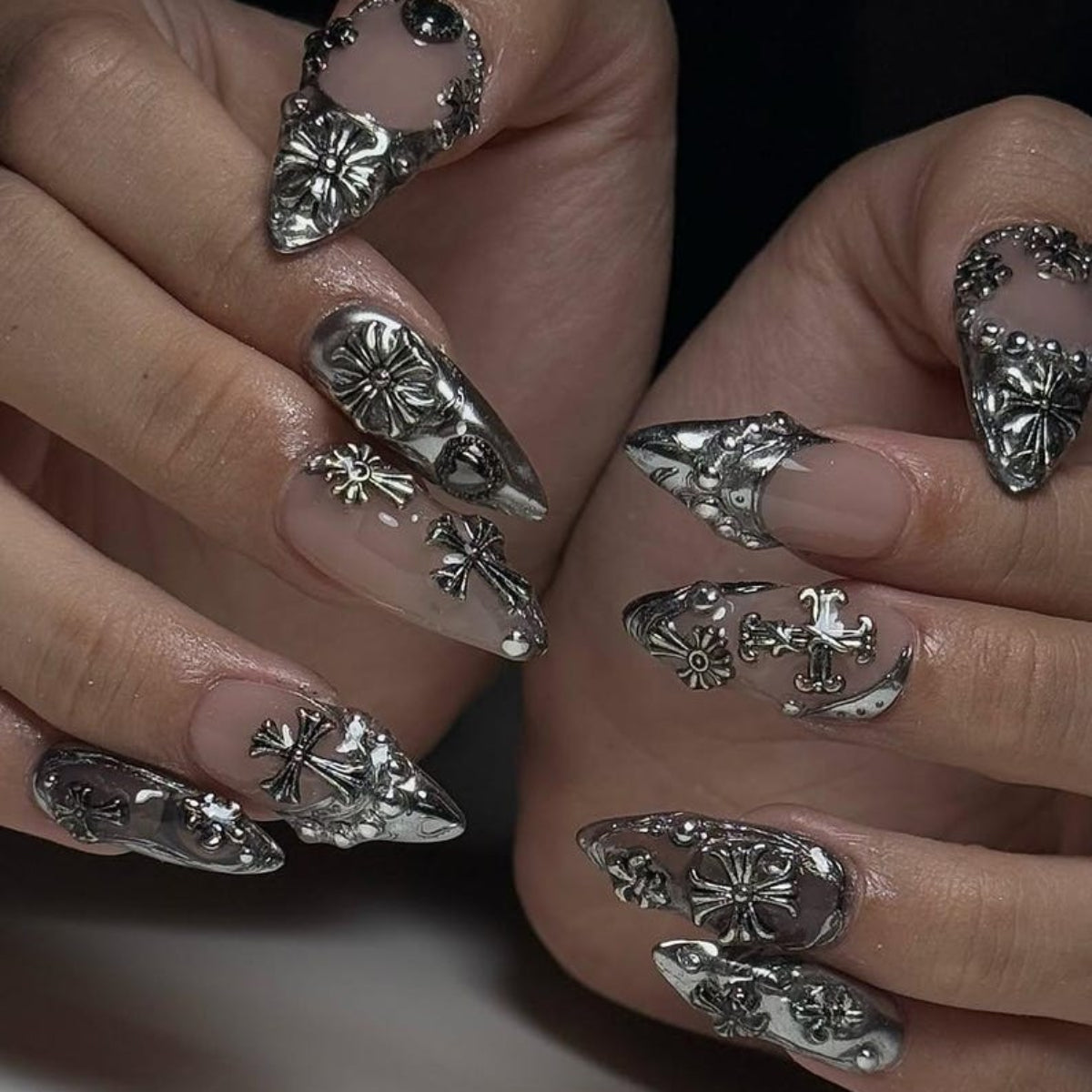 Chrome Gothic, Silver 3D Cross Punk, Handmade Metallic Acrylic Nails