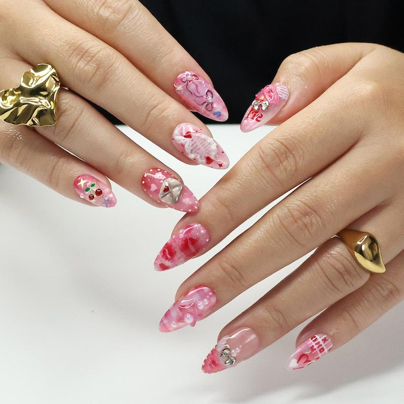 Pink Pearl Bow Charm Cute Romantic Press On Nails