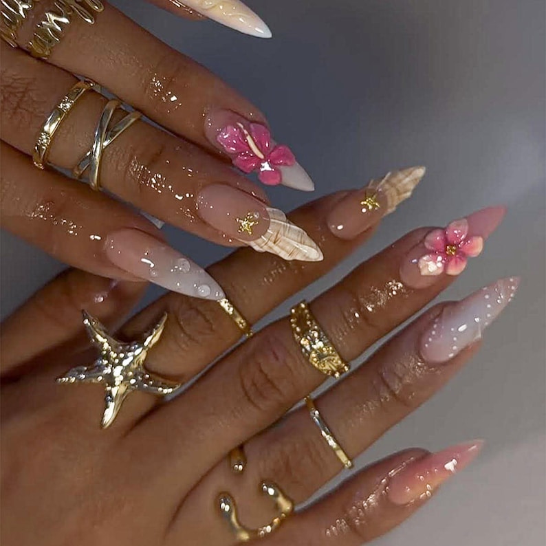 Tropical Pink Ombré Floral Press On Nails