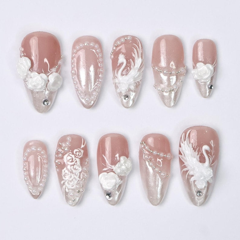 Pink Chrome 3D Heart Coquette Romantic Press On Nails