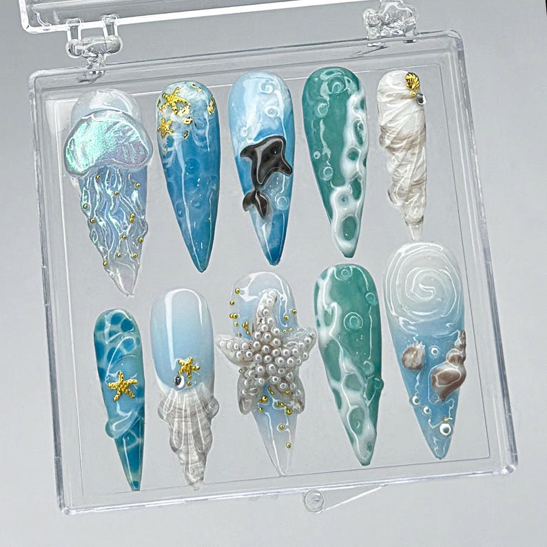 Blue Ocean 3D Sea Creature Press On Nails