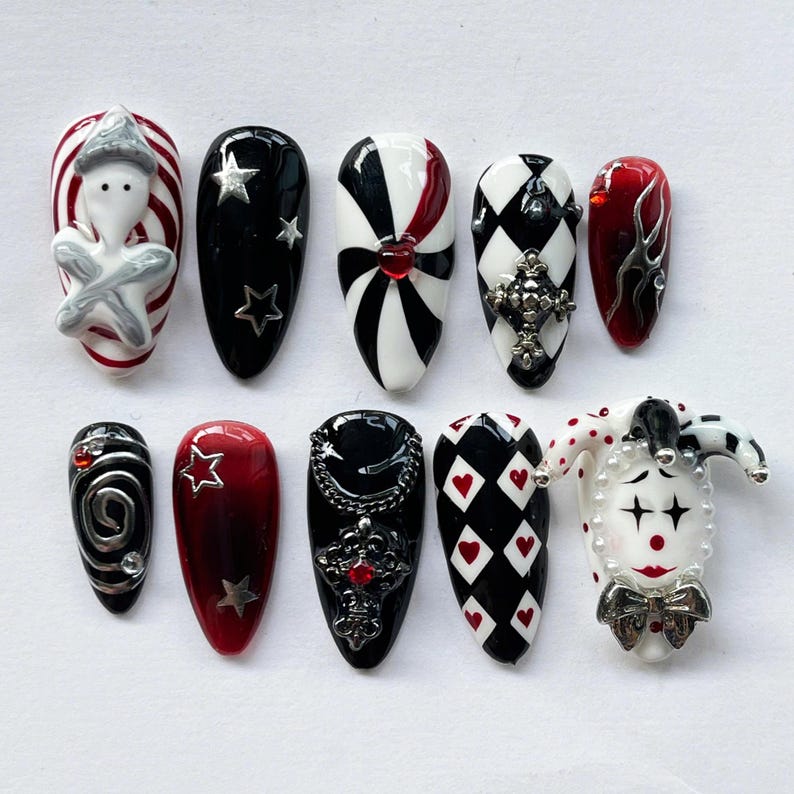 Harlequin Clown Press On Nails, Red and Black Gothic Clown