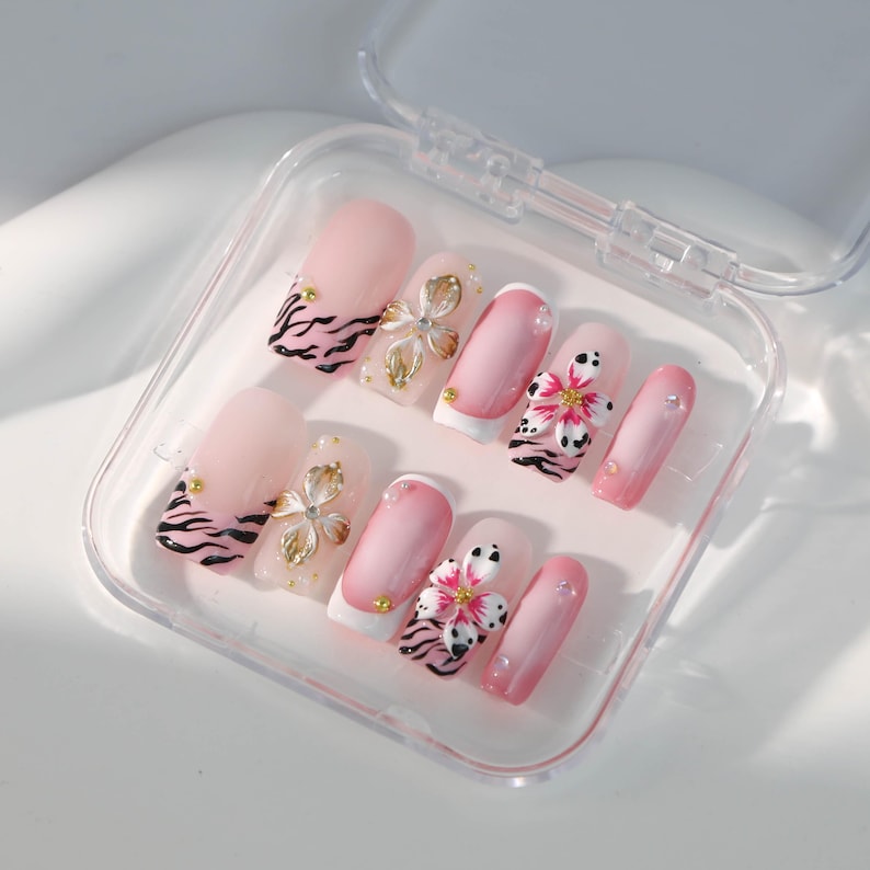Tropical Floral Ombre Pink Square Press On Nails