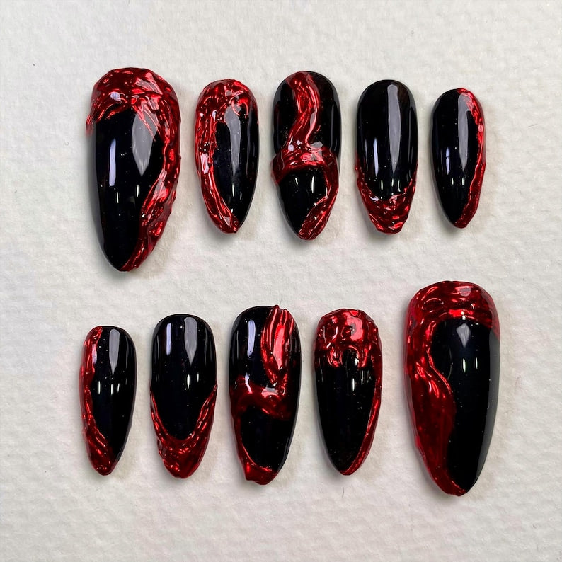 Black Red Chrome Press On Nails, Y2K Gothic Punk, Handmade Dark Aesthetic Design