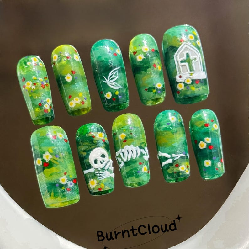 Poetic Graveyard Skull Grassland Hand Painted Statement Press On Nails
