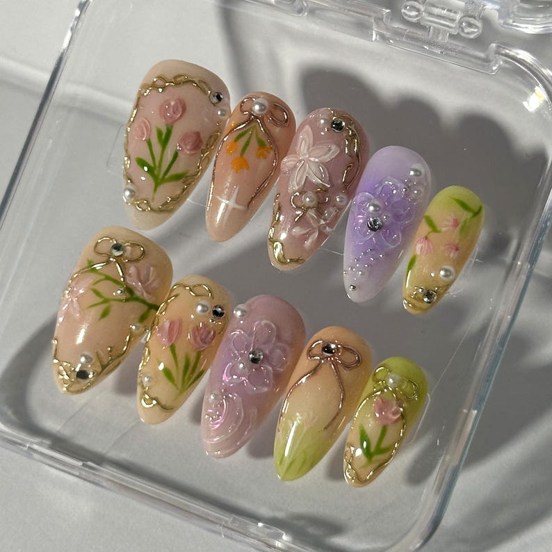 Soft Pink 3D Floral Almond Press On Nails