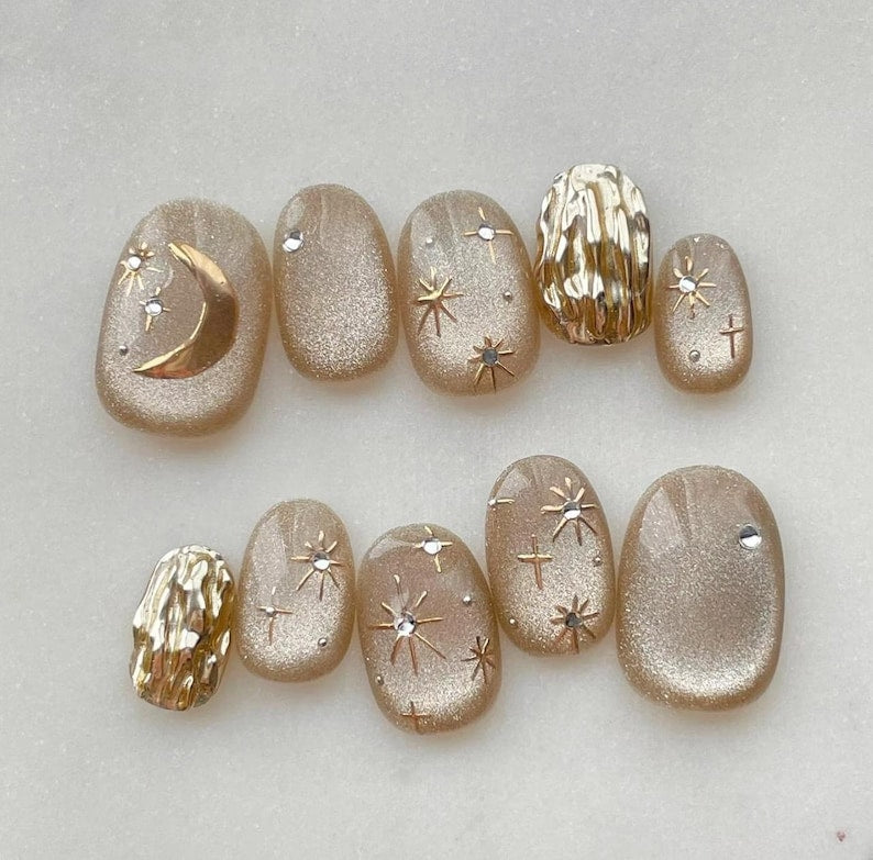 Golden Chrome Star Press On Nails