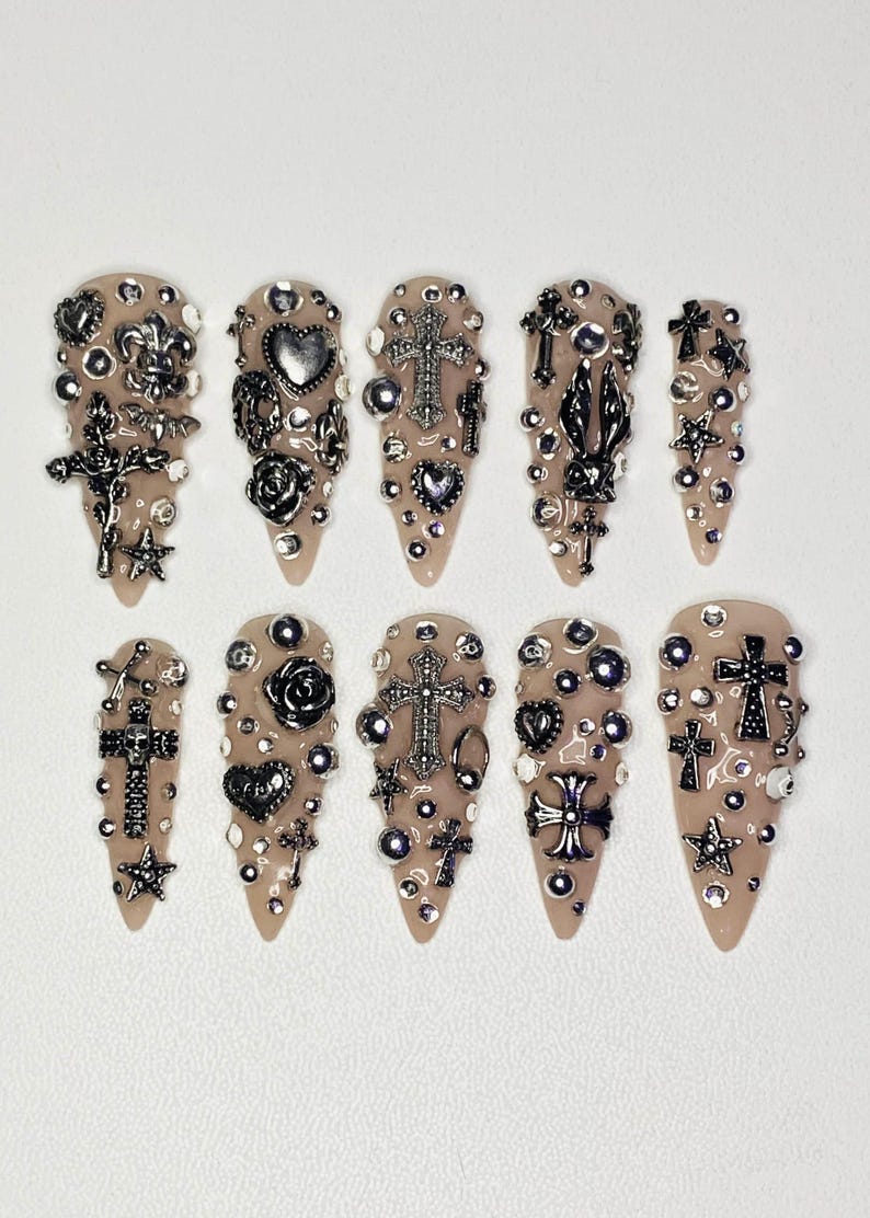 Gothic Silver Junk Punk Cross Skull Press On Nails