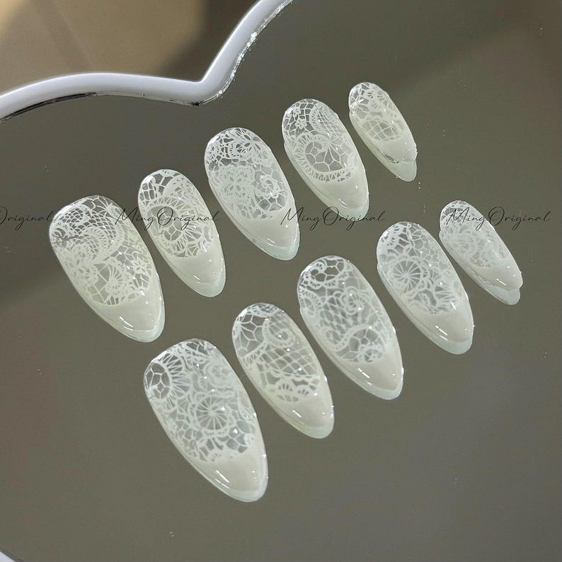 Elegant Lace Floral French Tip Wedding Press On Nails