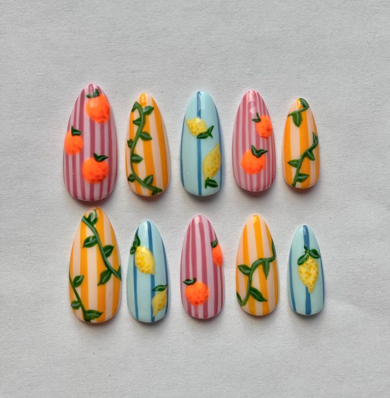Striped Hand Painted Fruit Summer Pop Art Press On Nails