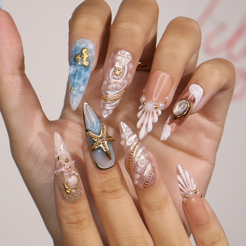 Ocean Inspired 3D Turtle & Starfish Almond Press On Nails