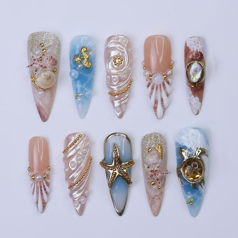 Ocean Inspired 3D Turtle & Starfish Almond Press On Nails