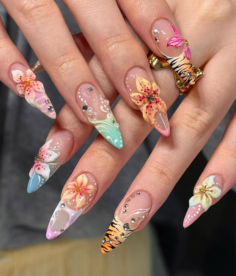 Pastel Floral & Bold Tiger Stripes Stiletto Press On Nails