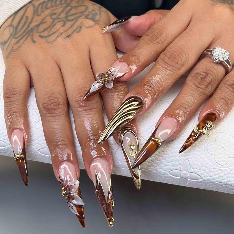 Bold Brown Tortoise Stiletto Floral Luxury Press On Nails