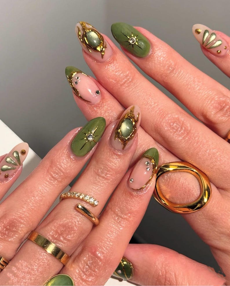 Olive Green Gold Elegant Almond Press On Nails