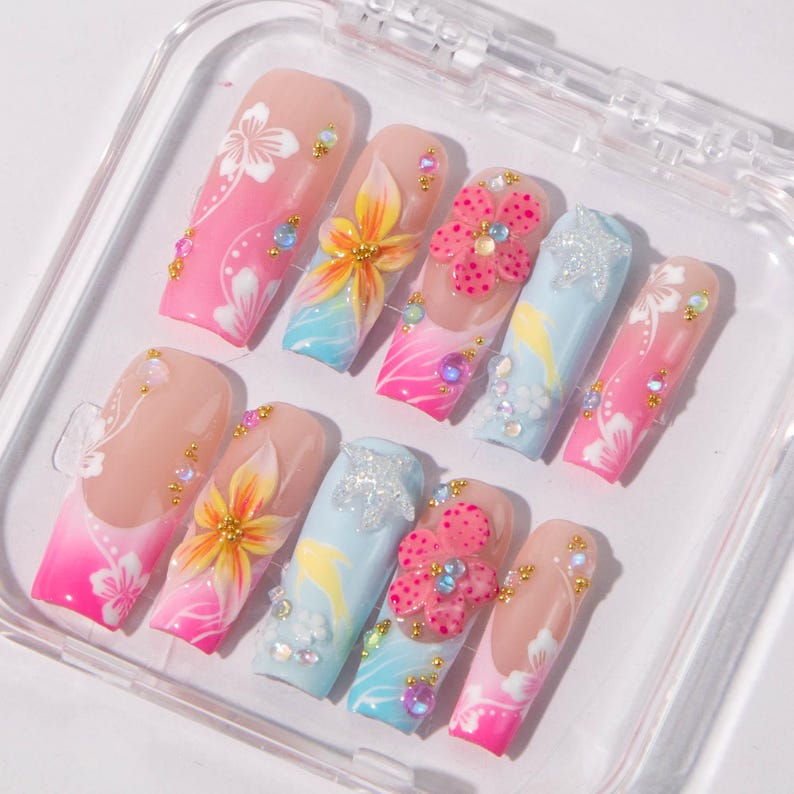 Island Bloom 3D Floral Beach Press On Nails