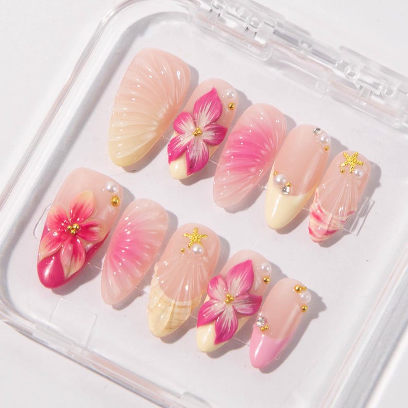 Delicate Pink Floral Pearl & Gold Press On Nails