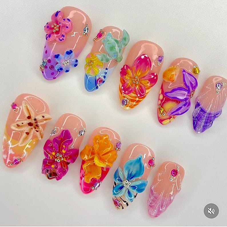 Tropical Bloom 3D Floral Beach Press On Nails